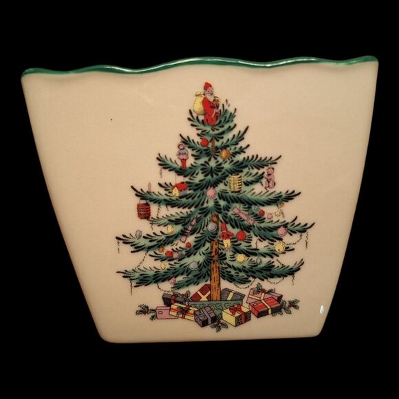 Spode Christmas Tree Pierced Votive Holder Square Glazed Porcelain Scalloped Rim - Picture 1 of 10